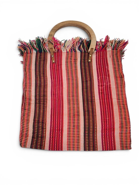 Mersea Handbags - Mersea Red Striped Handwoven Tote with Wooden Handles
